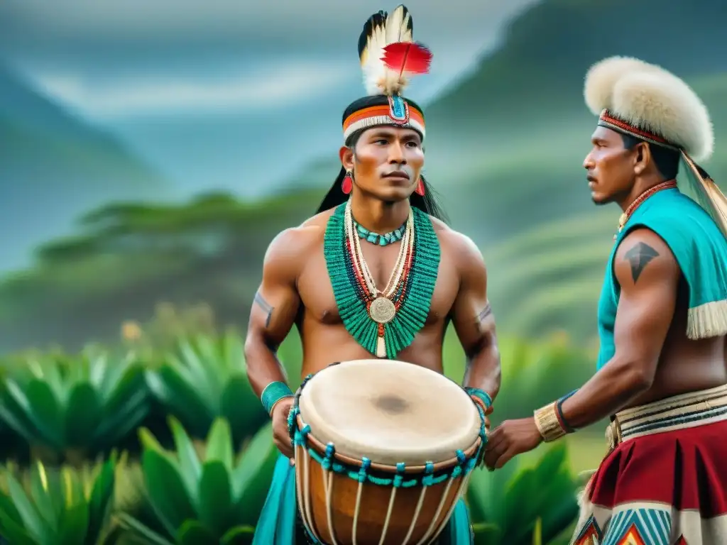 Celebración vibrante de tambores y percusiones indígenas en paisaje exuberante