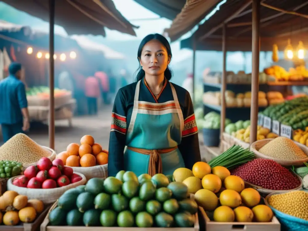 Una vibrante tienda de alimentos indígenas online con productos coloridos y vendedores tradicionales