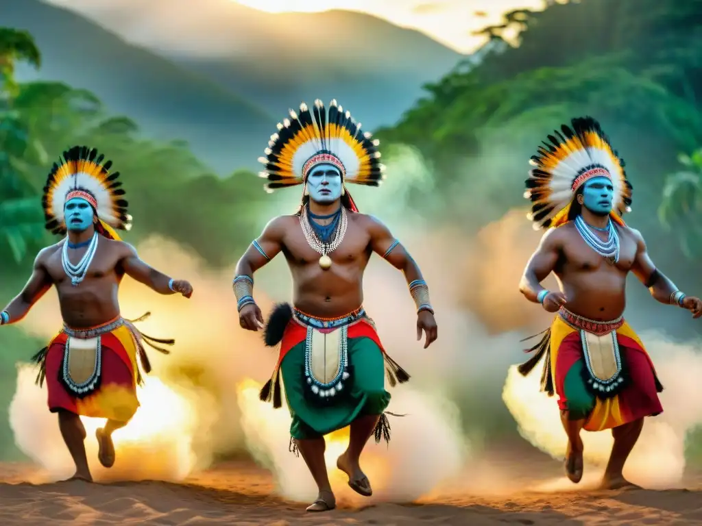 Vibrantes danzas indígenas en la naturaleza al atardecer, resaltando la importancia de la música indígena