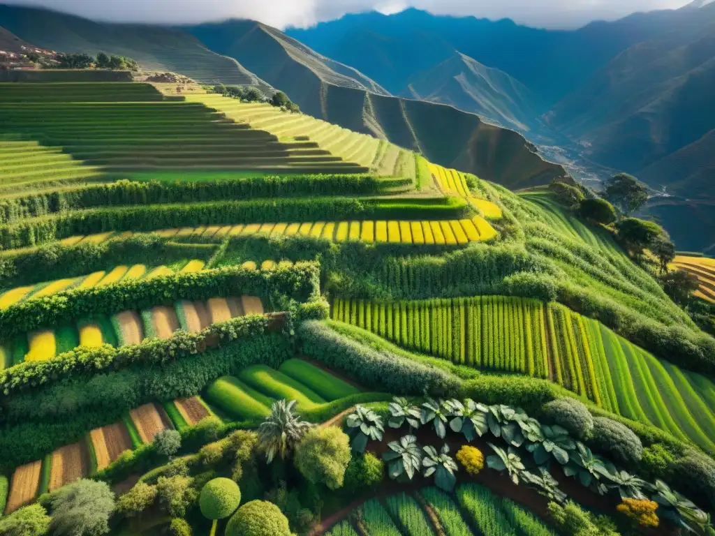 Vibrantes terrazas agrícolas milenarias de los Andes protegidas por drones, fusionando tradición y tecnología