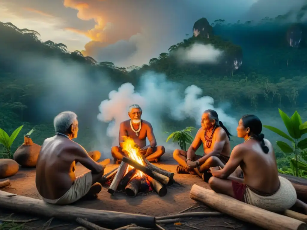 Vida y cultura de indígenas: Ancianos indígenas reunidos alrededor de una fogata en la selva amazónica, compartiendo sabiduría ancestral