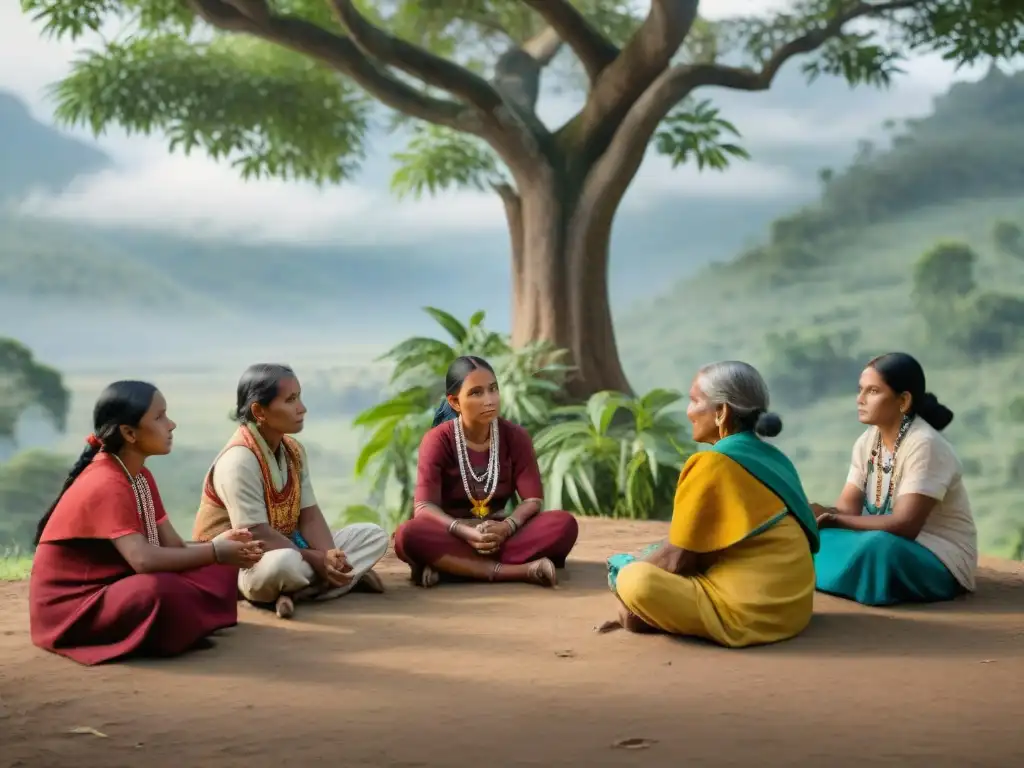 Vida y cultura de indígenas: Enseñanzas en la naturaleza, niños atentos a lecciones bajo un árbol centenario