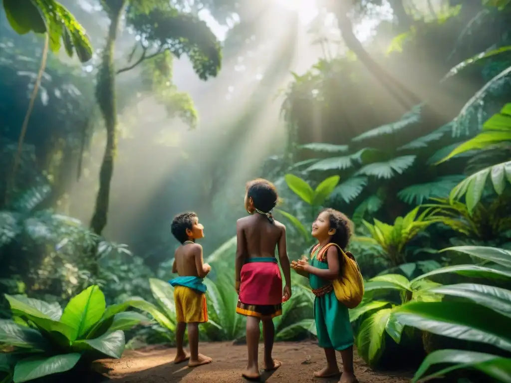 Vida de niños indígenas amazónicos jugando alegremente en la exuberante selva tropical