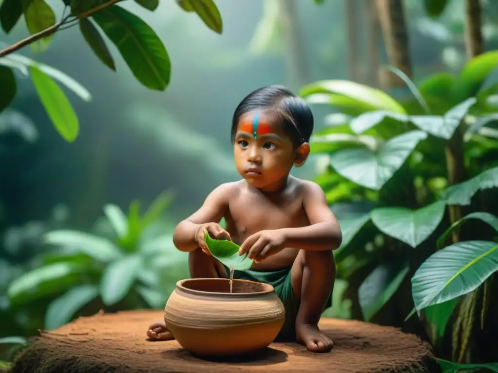 Vida de niños indígenas amazónicos participando en una ceremonia bajo árboles gigantes, rodeados de fauna y flora vibrante