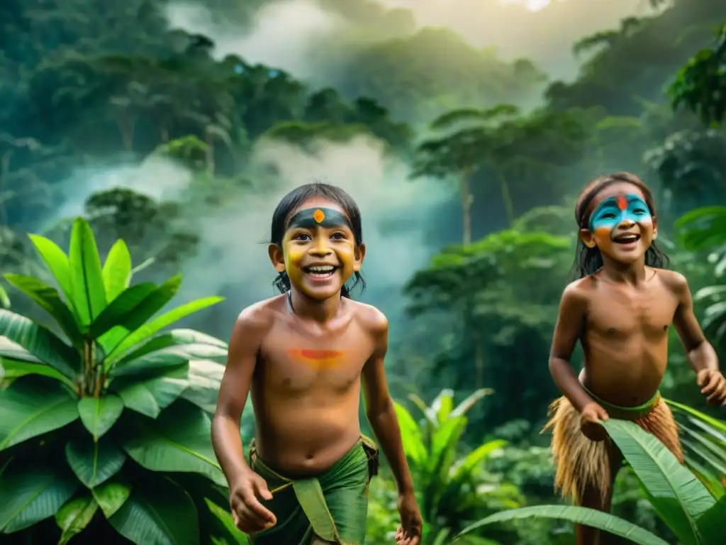 Vida de niños indígenas amazónicos riendo y jugando en la exuberante selva tropical