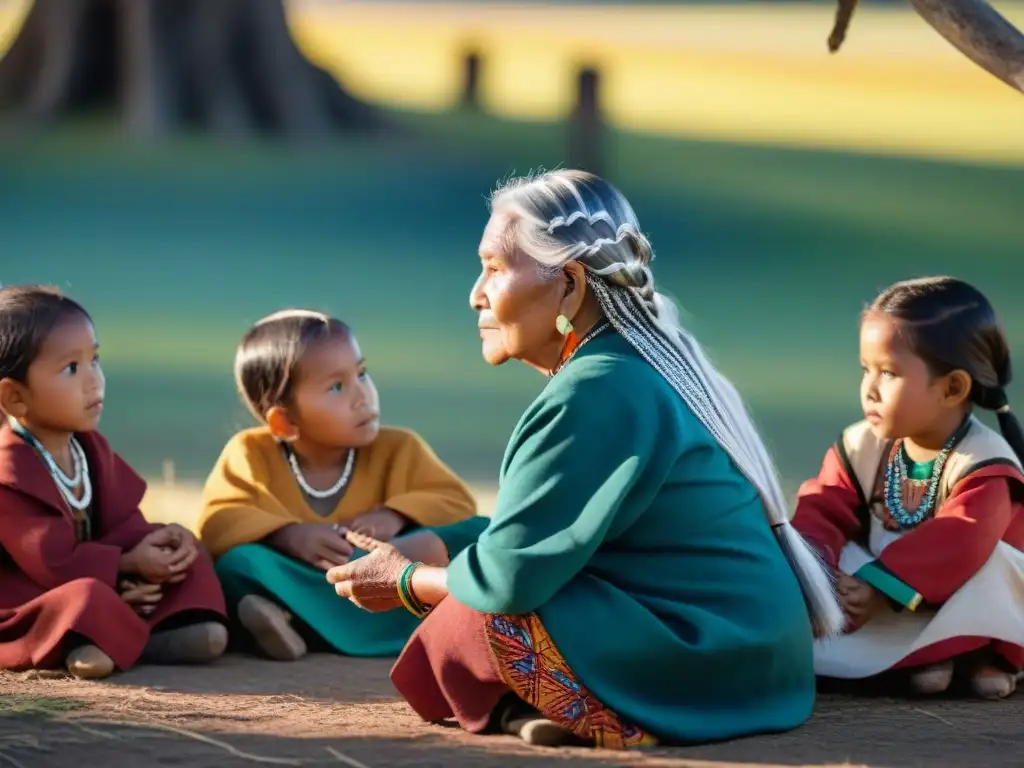 Abuela indígena comparte sabiduría ancestral con niños Vieja indígena comparte sabiduría y tradición con niños, resaltando la importancia de lenguas indígenas en campañas educativas