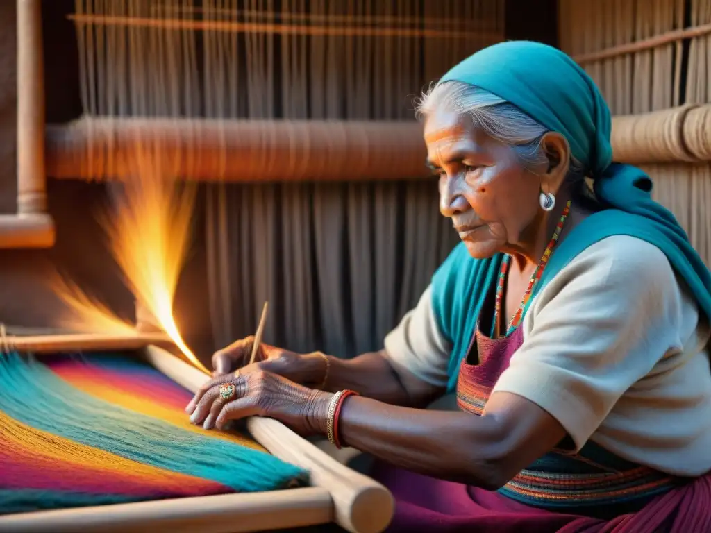 Vieja mujer indígena teje en telar tradicional, rodeada de generaciones admirando