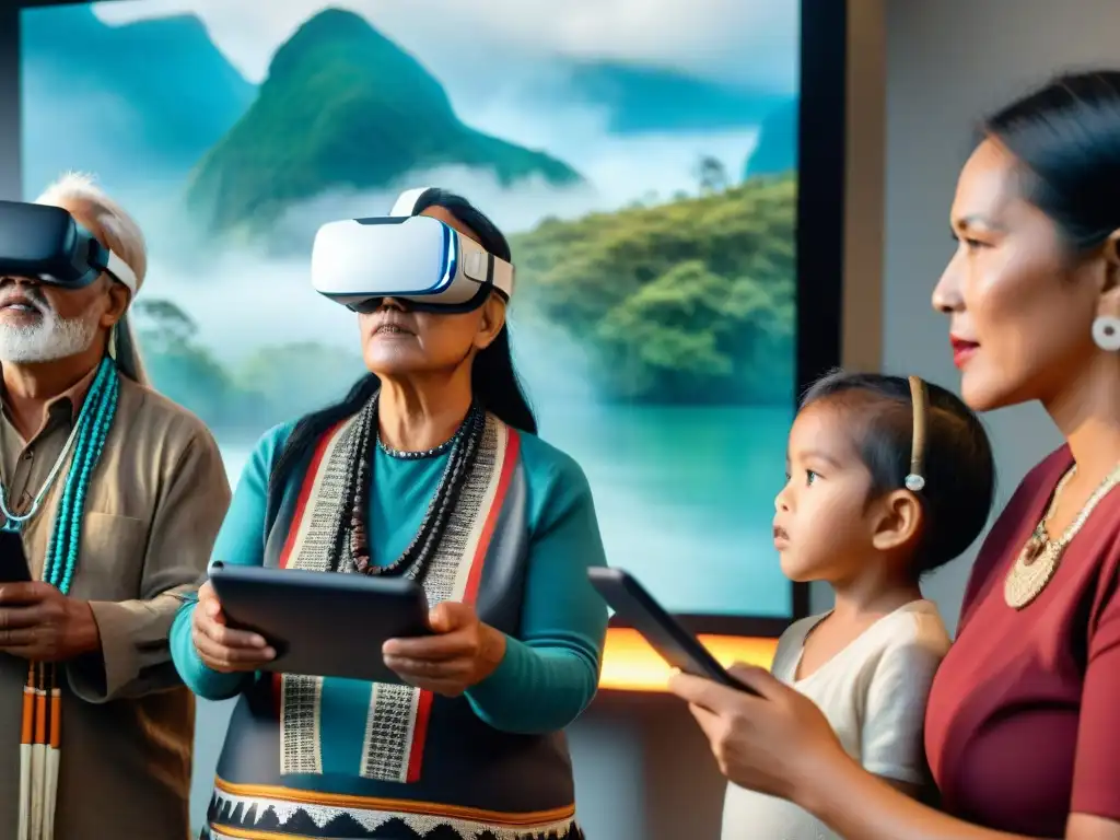 Viejos y niños indígenas exploran realidad virtual en tableta, uniendo tradición y tecnología para difusión de culturas indígenas