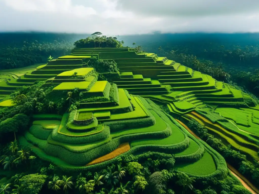 Vista aérea de la agricultura avanzada de las civilizaciones precolombinas en terrazas verdes y canales de riego