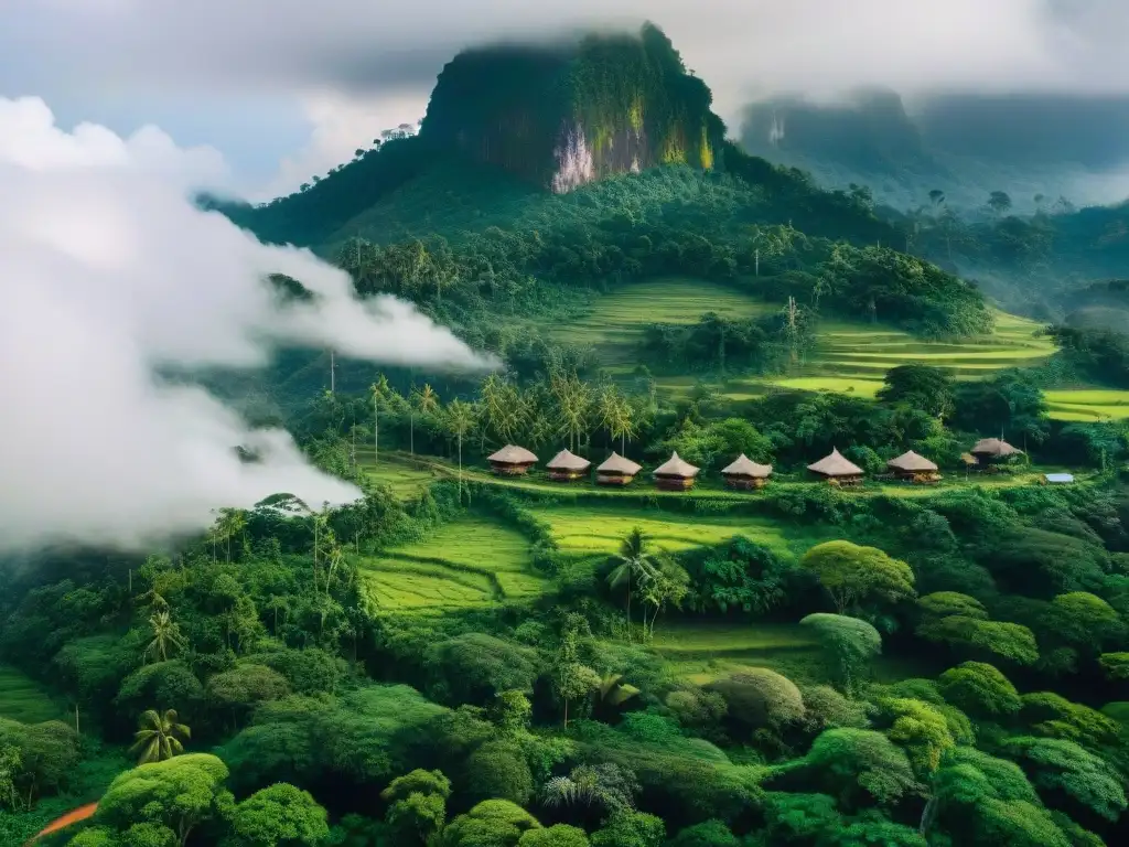 Vista aérea de aldea indígena en selva exuberante con torres de telecomunicaciones, conectando comunidades