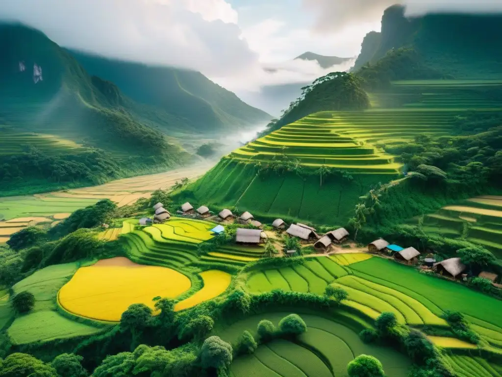 Vista aérea de una aldea indígena con arquitectura sostenible y prácticas agrícolas tradicionales