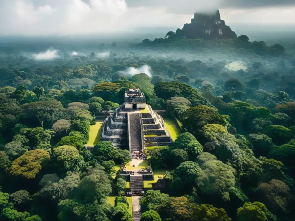 Vista aérea de la antigua ciudad maya de Tikal, destacando su planificación urbana en civilizaciones indígenas