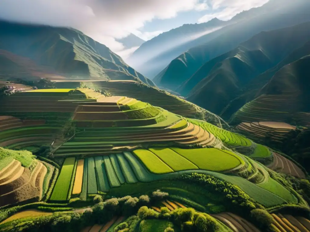 Vista aérea de antiguas terrazas agrícolas en los Andes, reflejando urbanismo sustentable indígena Américas