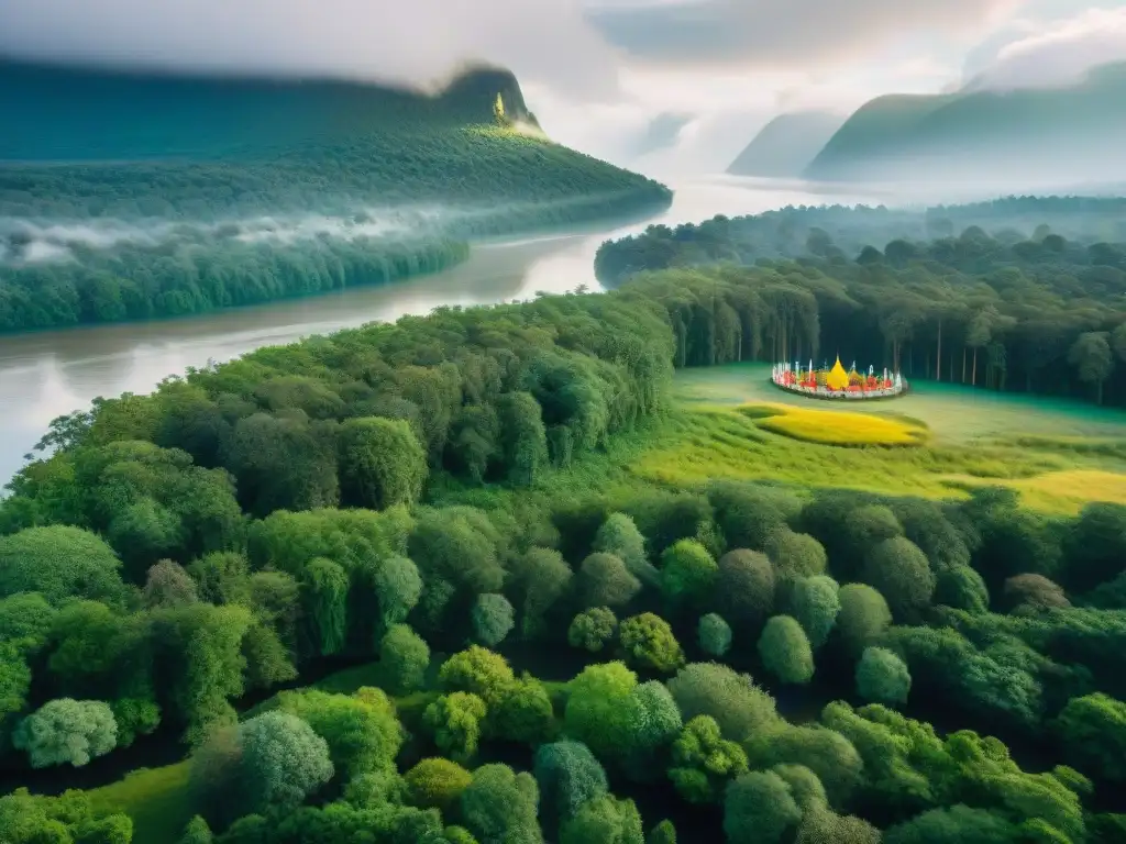 Vista aérea de un bosque exuberante con un río y un sitio sagrado indígena