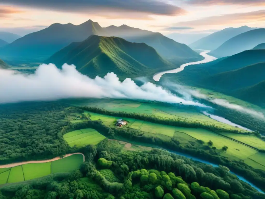 Vista aérea de un bosque verde exuberante con un río serpenteante, montañas al fondo y una comunidad indígena entre los árboles