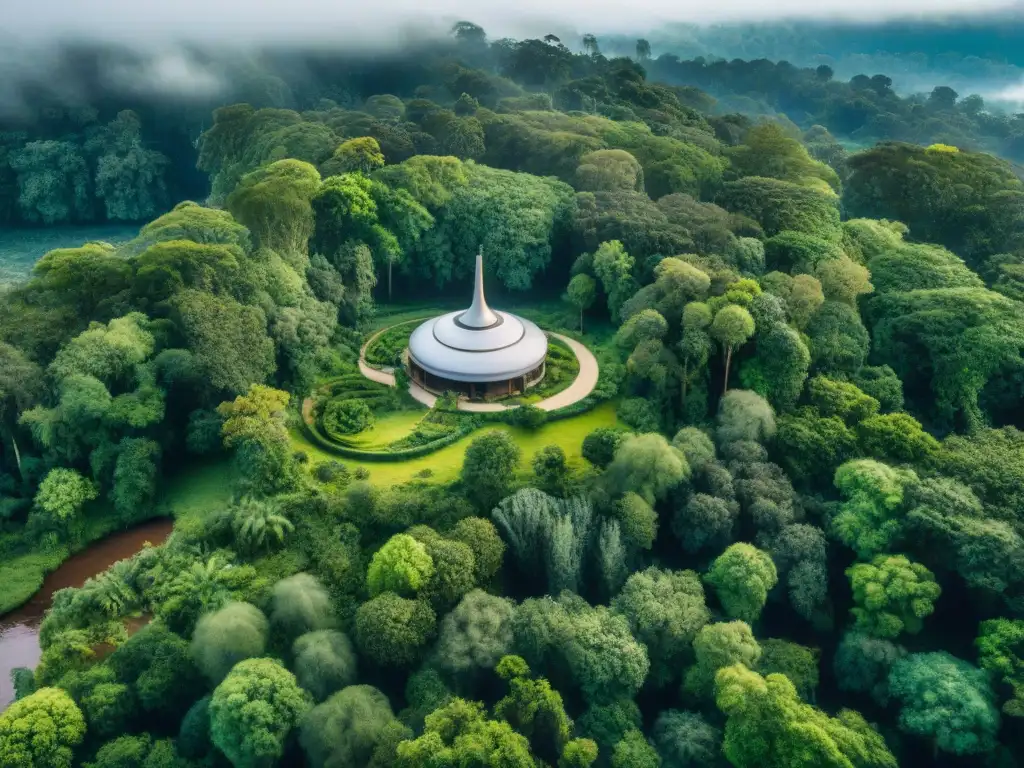 Vista aérea de un bosque verde exuberante con un río serpenteando, revelando un sitio sagrado indígena protegido por drones