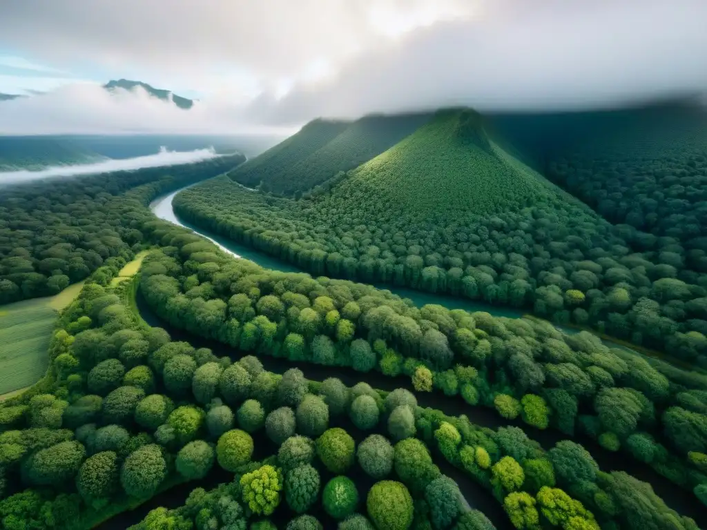 Vista aérea de bosques verdes, ríos y comunidades indígenas, muestra la conexión con la tierra