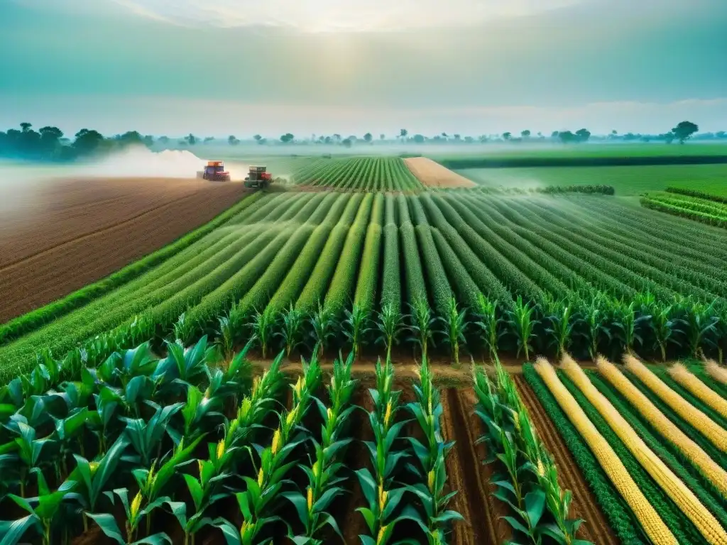 Una vista aérea muestra campos verdes de cultivo de maíz tradicional con tecnología moderna