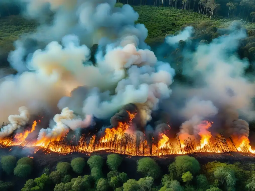 Vista aérea cautivadora del uso tradicional del fuego por indígenas para regenerar bosques, mostrando patrones de llamas en la maleza