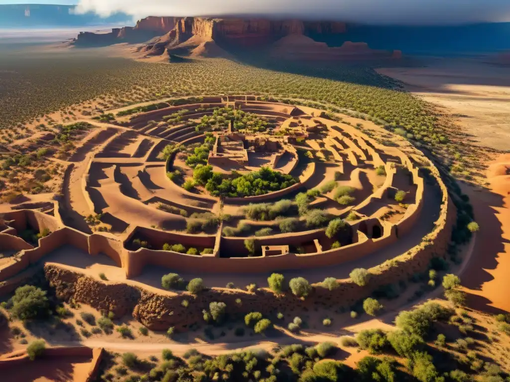 Vista aérea de kivas subterráneas y construcciones Pueblo, fusionando espiritualidad con entorno desértico