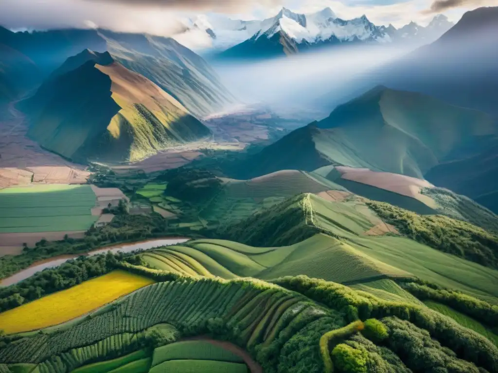 Vista aérea de la cordillera de los Andes con sus picos nevados y valles verdes, cuna de la humilde papa andina en la gastronomía