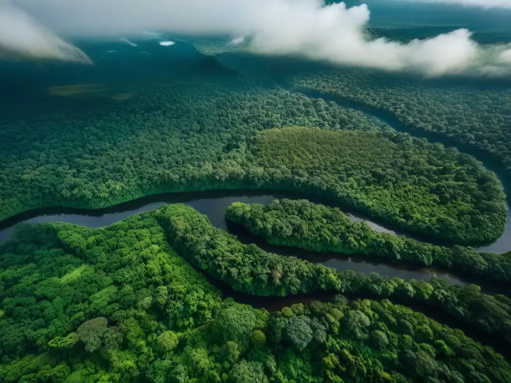 Vista aérea de la densa selva amazónica con río serpenteante, evidencias de civilizaciones indígenas Amazonía