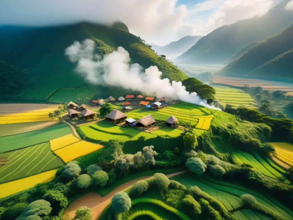 Una vista aérea detallada de una aldea indígena, destacando la vida cotidiana y la armonía con la naturaleza