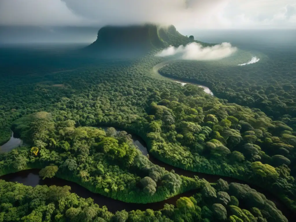 Vista aérea detallada de la Amazonía, resaltando la exuberante biodiversidad y una aldea indígena