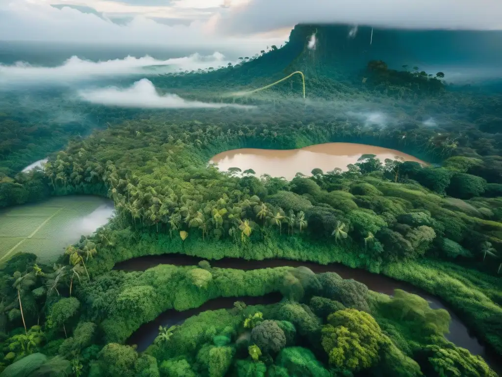 Vista aérea detallada de una exuberante selva amazónica con una aldea indígena y actividades diarias