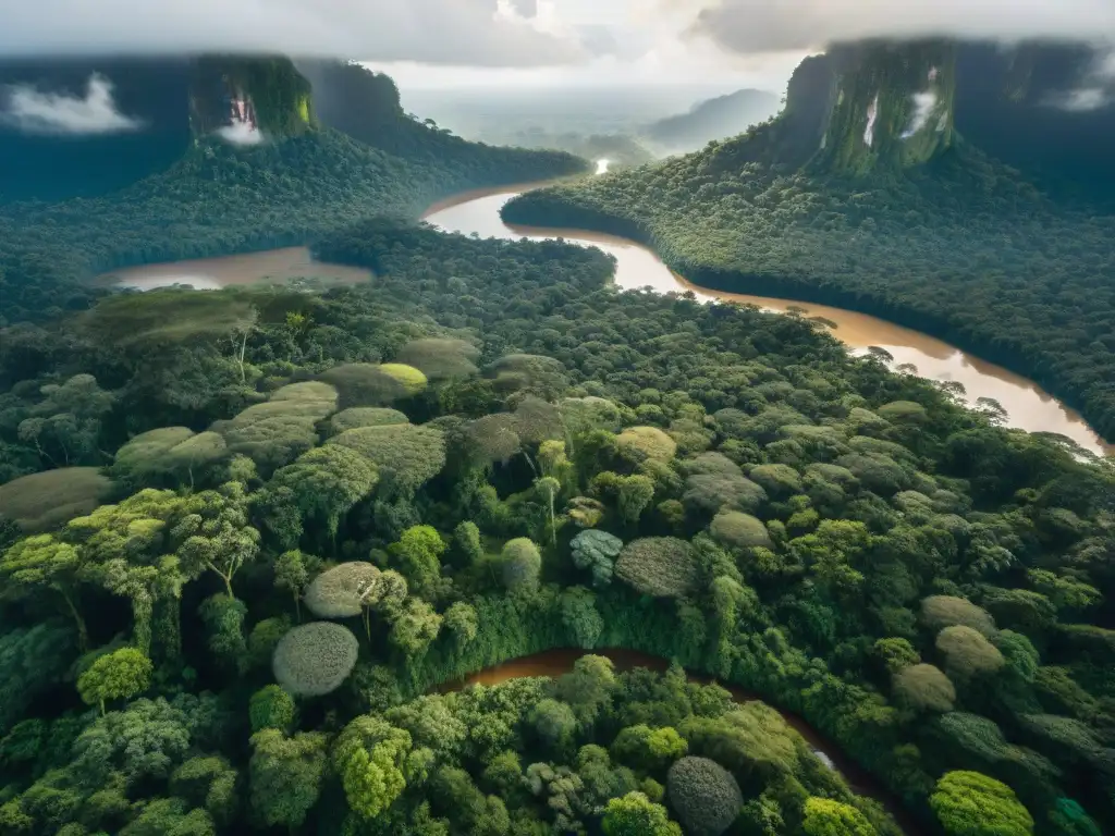 Vista aérea detallada de la exuberante selva del Amazonas, con río serpenteante y cabañas indígenas