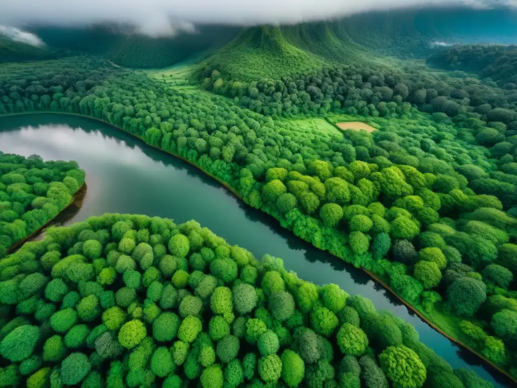 Vista aérea detallada mostrando paisaje verde con ríos y bosques, revelando asentamientos indígenas y ruinas antiguas