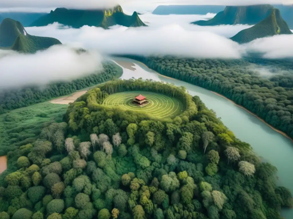 Vista aérea detallada de paisaje indígena preservado, resaltando la armonía entre asentamientos humanos y entorno natural