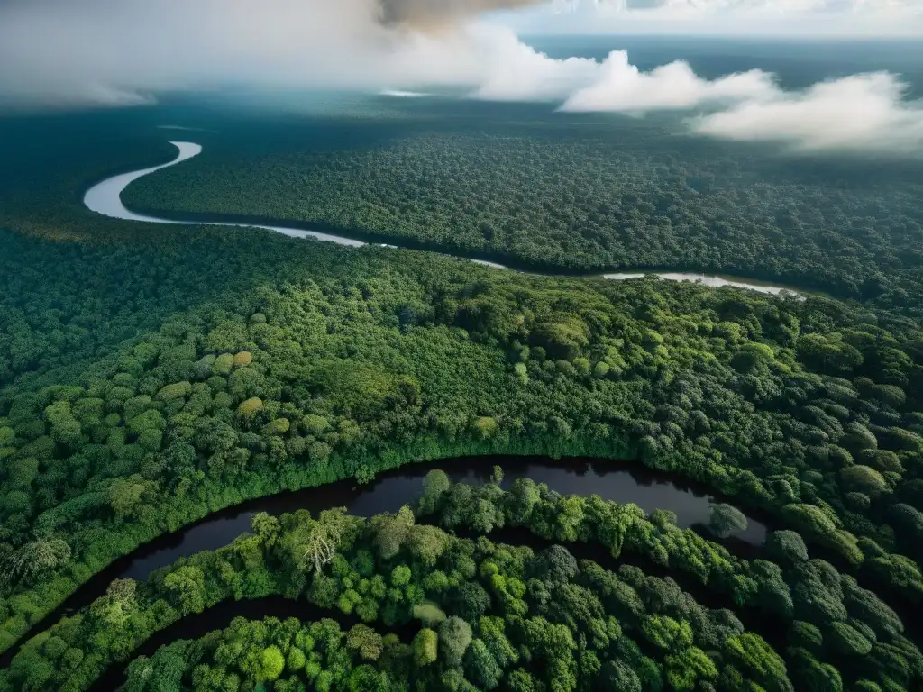 Vista aérea detallada de la selva amazónica, resaltando su exuberante vegetación y la intervención humana