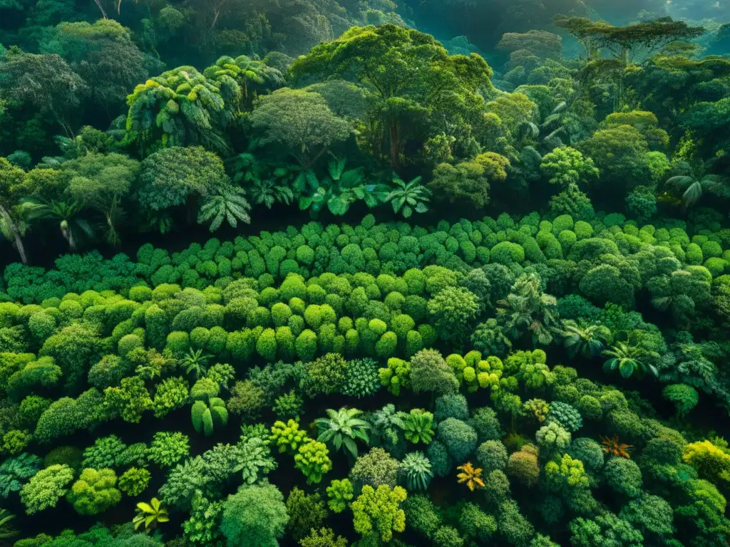 Vista aérea de un dosel de selva exuberante con plantas sagradas como ayahuasca, tabaco y peyote