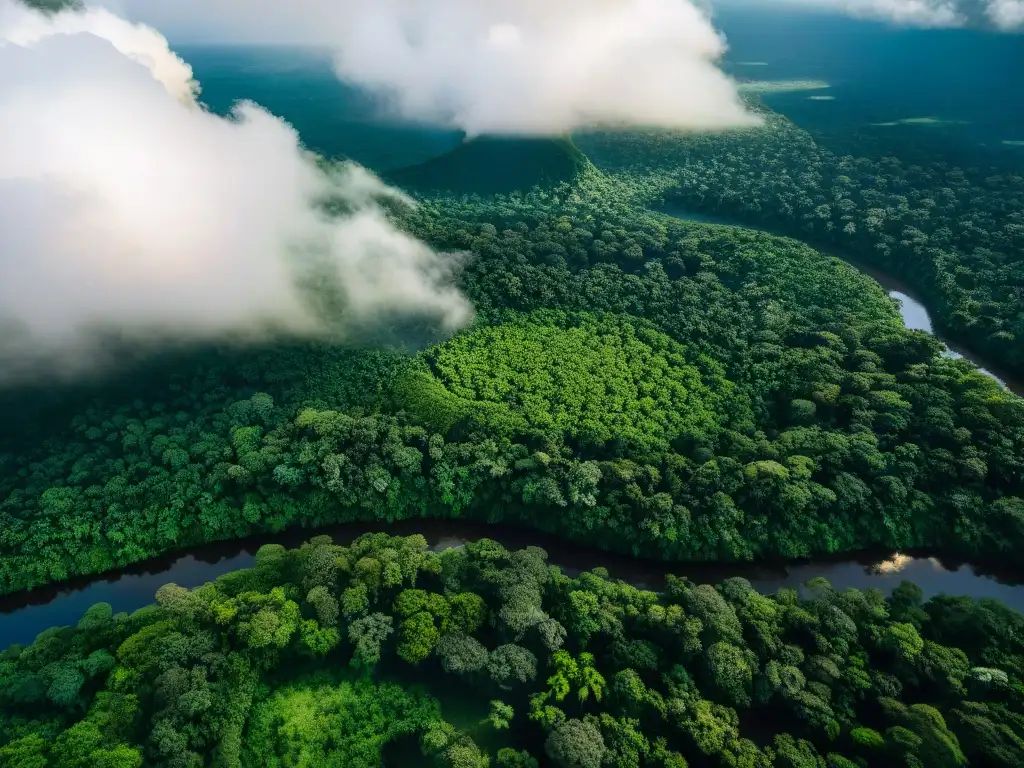 Vista aérea de la exuberante Amazonía con el río serpenteando, resaltando la importancia de protegerla con energías renovables