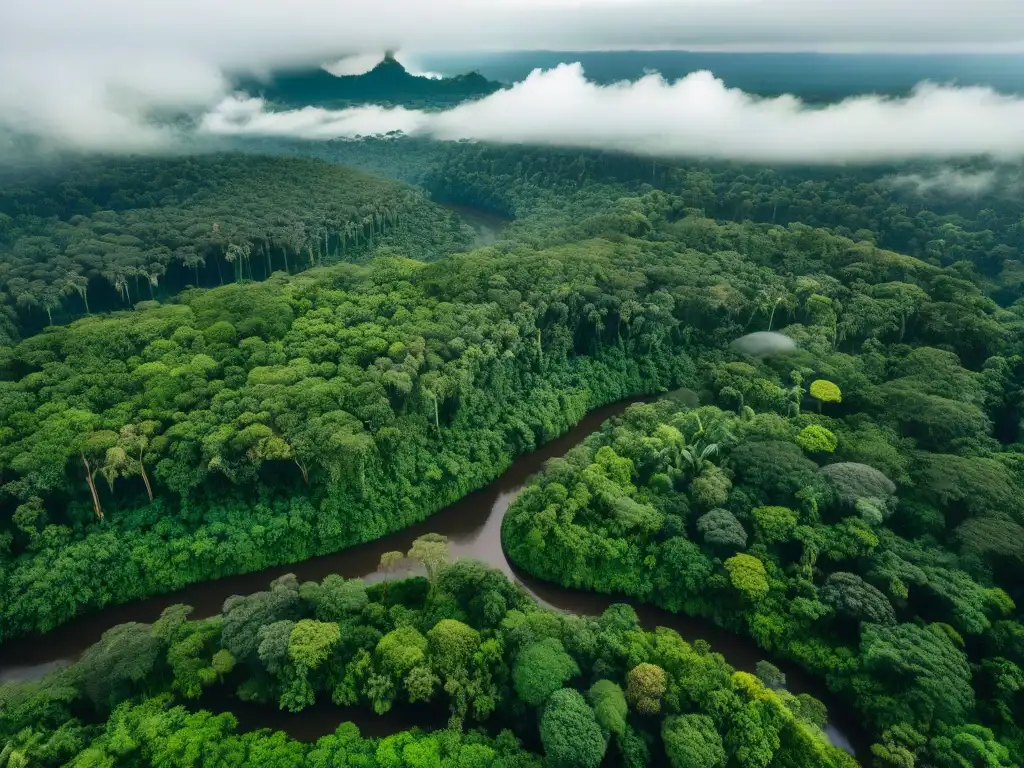 Vista aérea de la exuberante Amazonía con río serpenteante y aldea indígena: Legado territorial indígena Amazonía drones