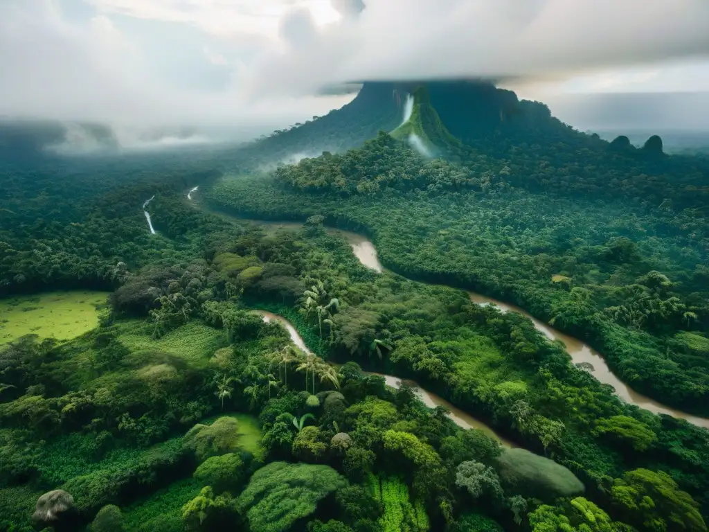 Vista aérea de exuberante Amazonía con río serpenteante y comunidad indígena, resaltando la lucha pueblos indígenas Amazonas