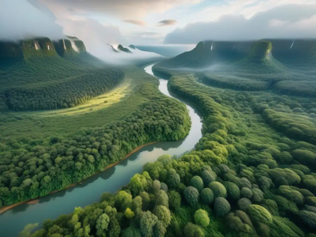 Vista aérea de un exuberante bosque con río, comunidad indígena y respeto por tierras indígenas América