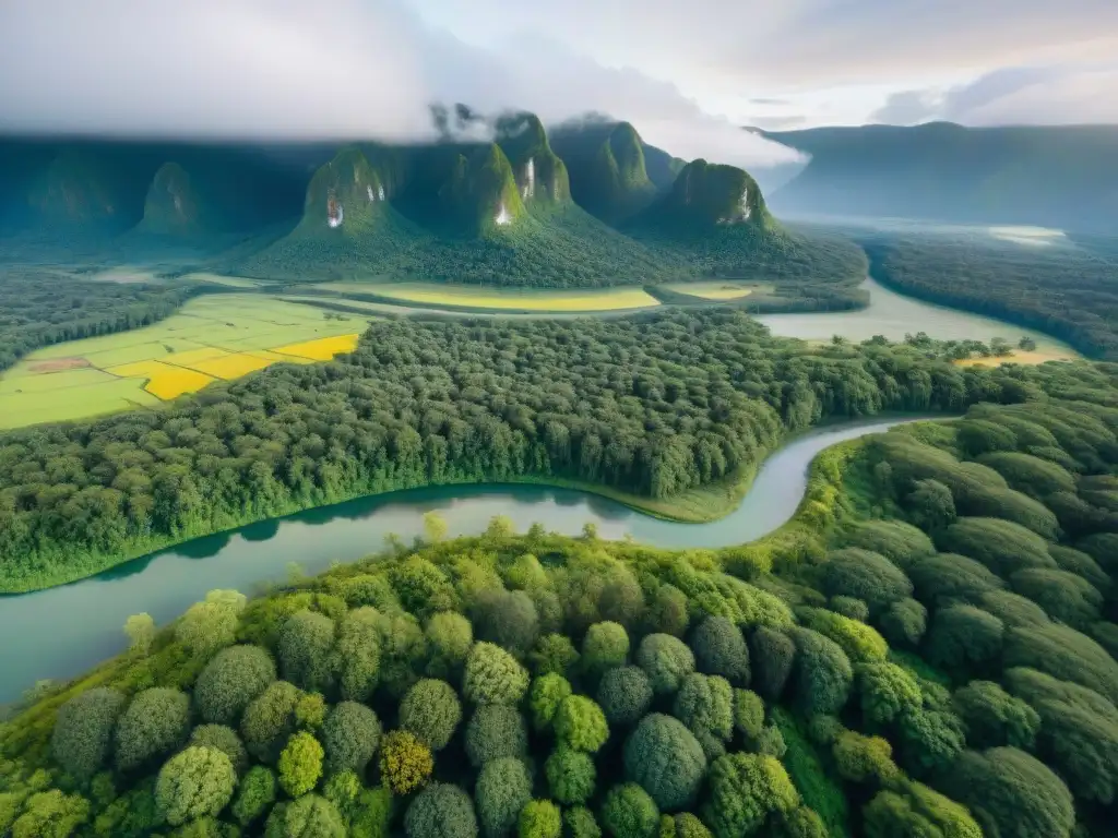 Vista aérea de un exuberante bosque con un río serpenteante y una comunidad indígena, destacando la coexistencia pacífica