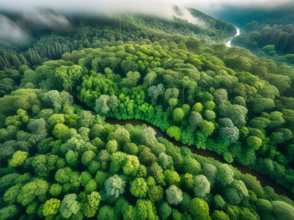 Vista aérea de un exuberante bosque con ríos serpenteantes y comunidades indígenas, resaltando la conexión entre la naturaleza y el legado indígena