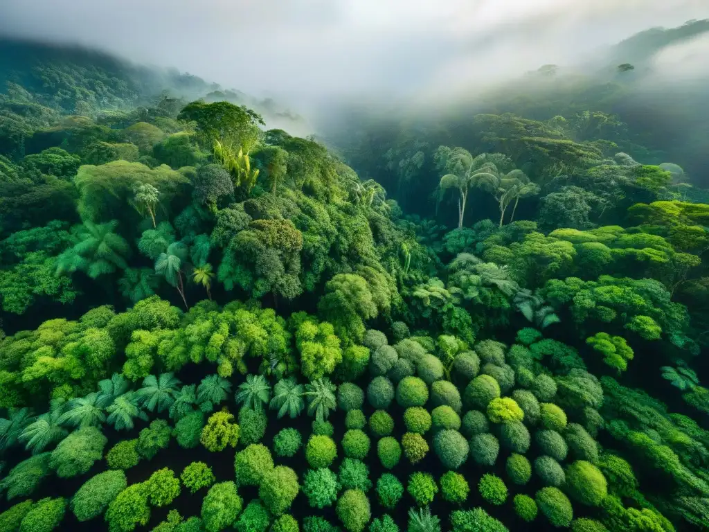 Vista aérea de un exuberante dosel de selva, con luz solar filtrándose y conservacionistas indígenas en primer plano