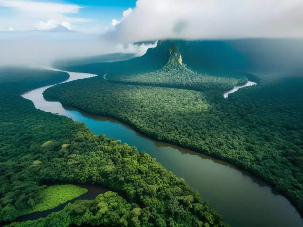 Vista aérea de la exuberante selva amazónica con la aldea Sapara, destacando la defensa territorial y estrategias de preservación