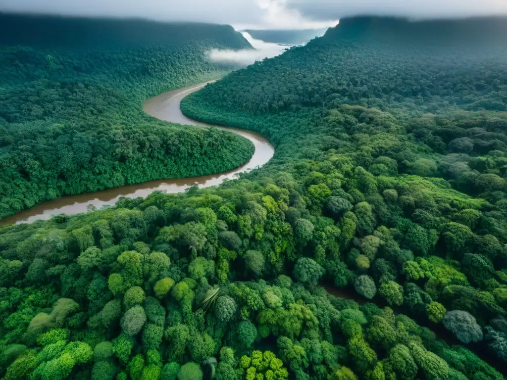 Vista aérea de una exuberante selva con un río serpenteante