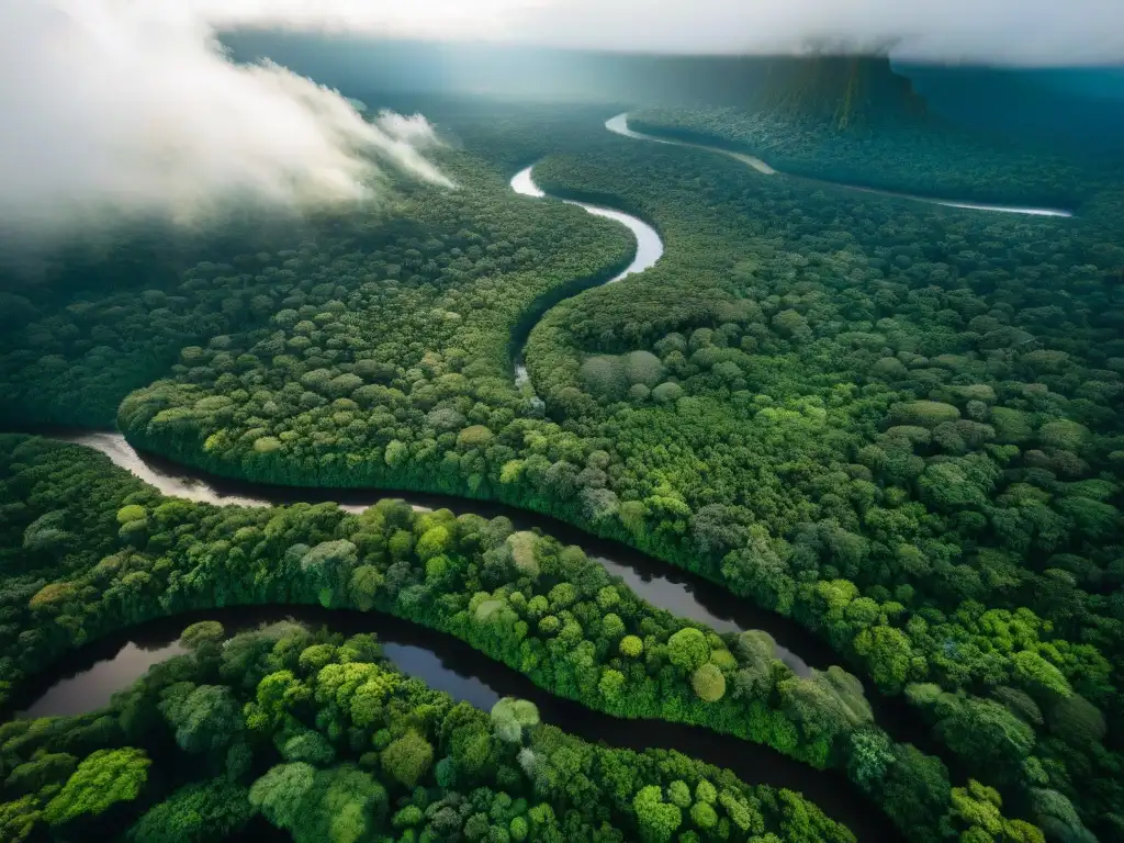 Vista aérea de la exuberante selva del Amazonas con comunidades indígenas y vida silvestre