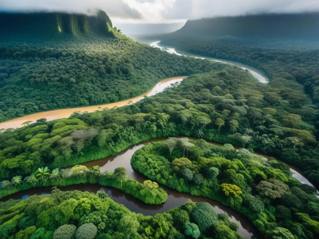 Vista aérea de una exuberante selva tropical con un río serpenteante y una comunidad indígena, reflejando el equilibrio entre naturaleza y cultura