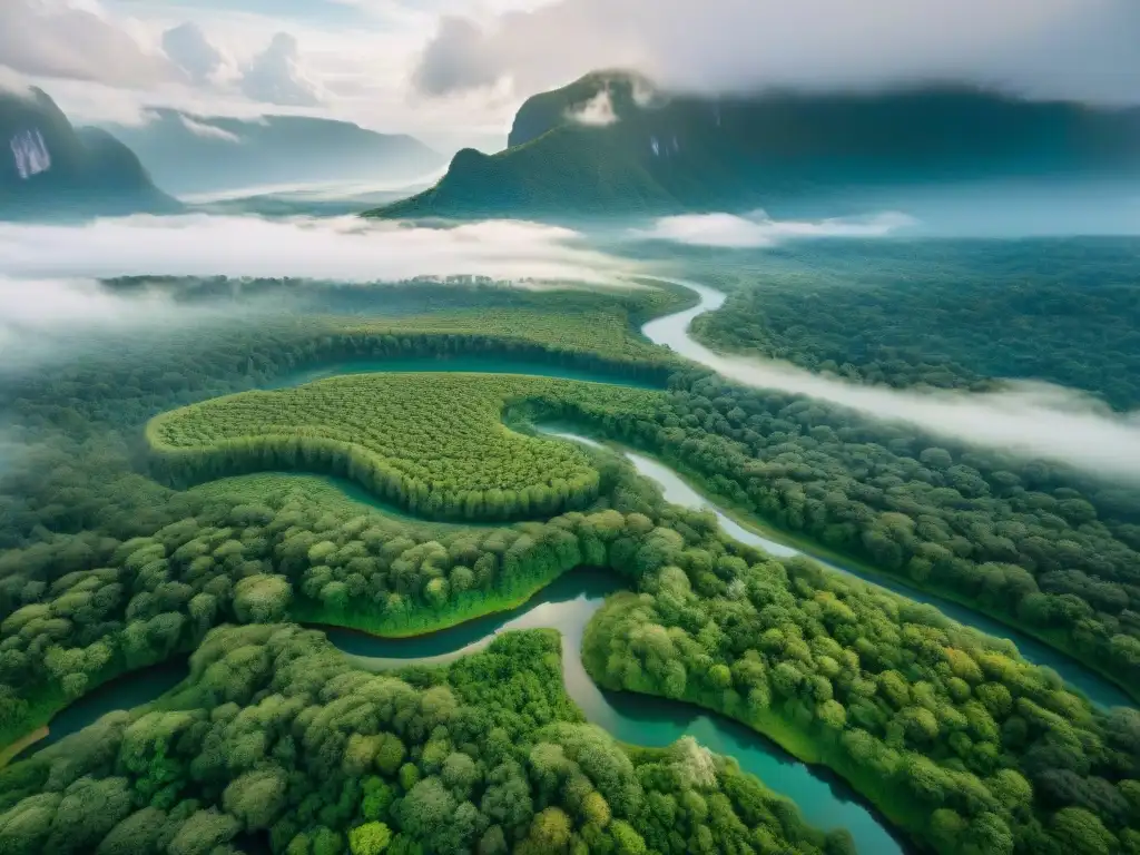 Vista aérea de exuberante selva con comunidades indígenas, ríos y senderos