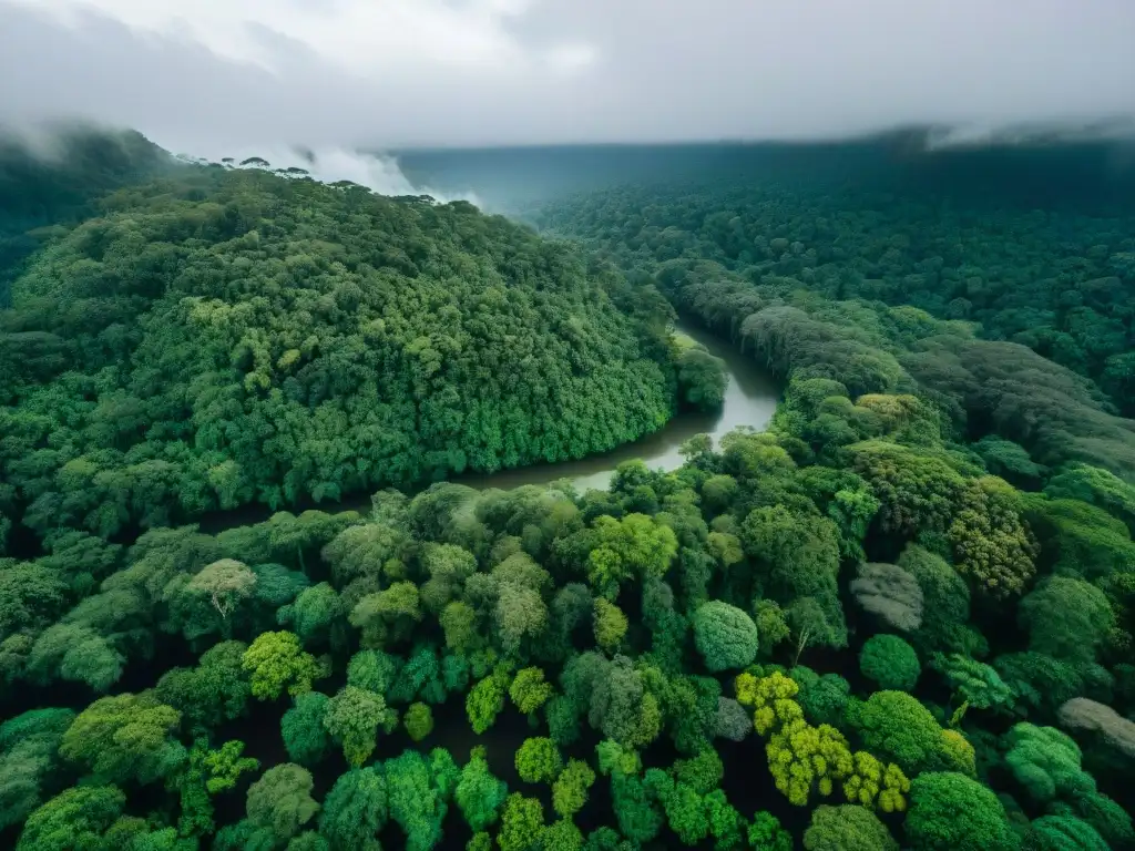 Vista aérea de la exuberante selva con comunidad indígena, resaltando lenguas indígenas en América