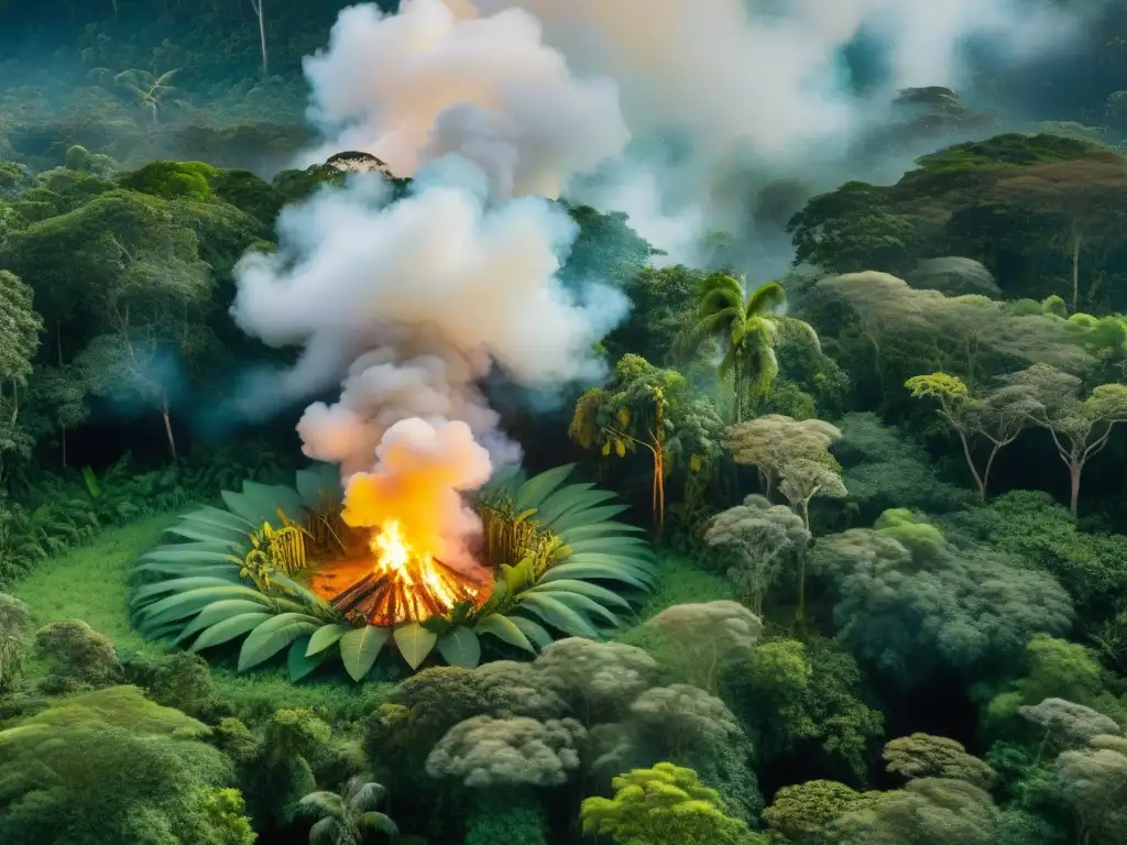 Vista aérea de la exuberante selva amazónica con plantas sagradas curación emocional en ceremonia indígena