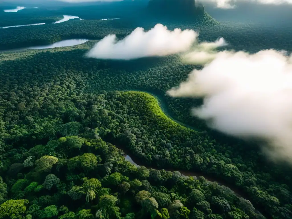 Vista aérea de la exuberante selva amazónica con río serpenteante y comunidades indígenas