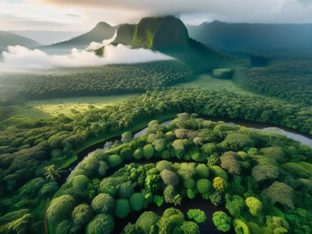 Vista aérea de una exuberante selva verde con un río serpenteante, resaltando la belleza natural y el impacto del cambio climático en las comunidades indígenas